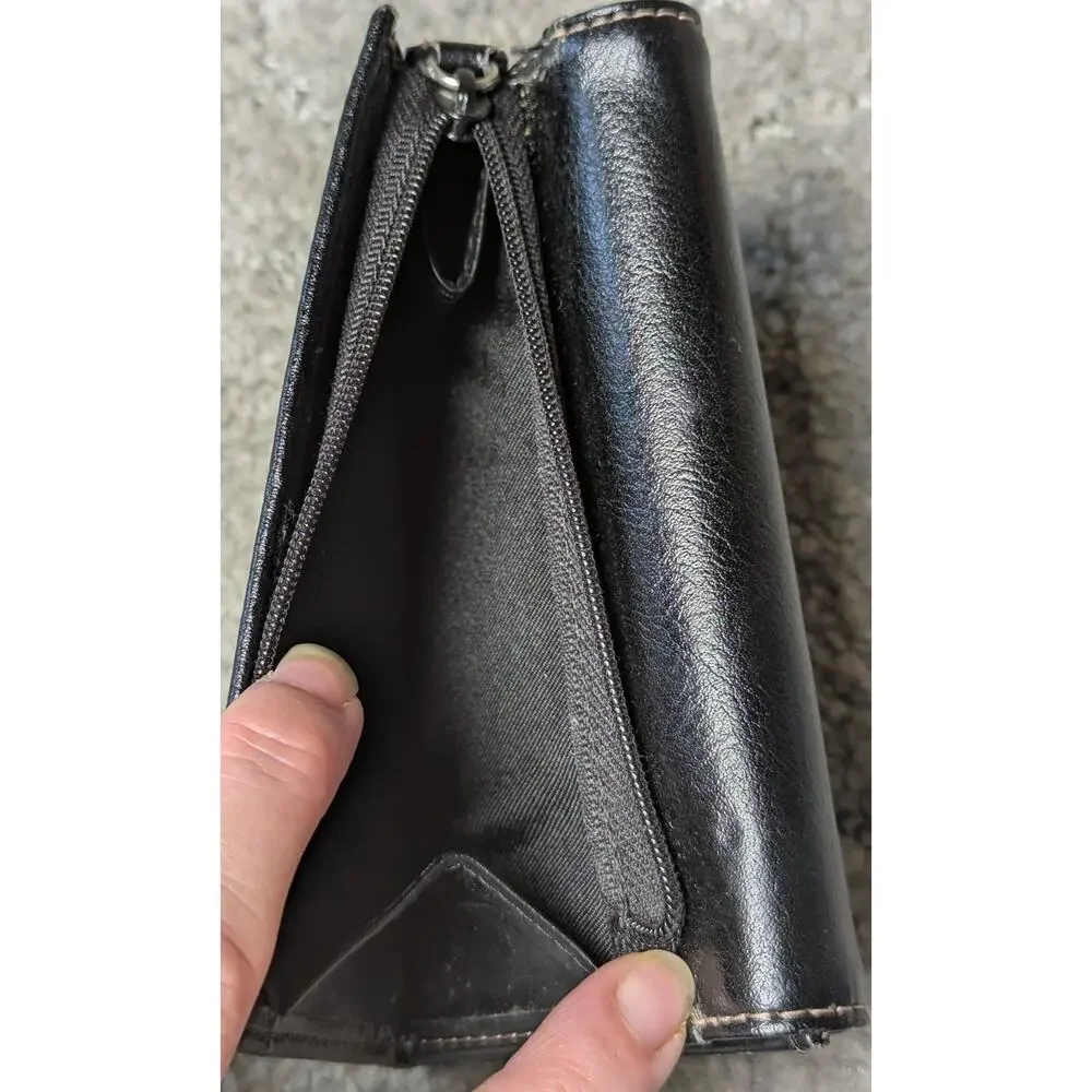 Wilsons Black Leather Trifold Wallet WOMENS SMALL buckle white stitch minimalist